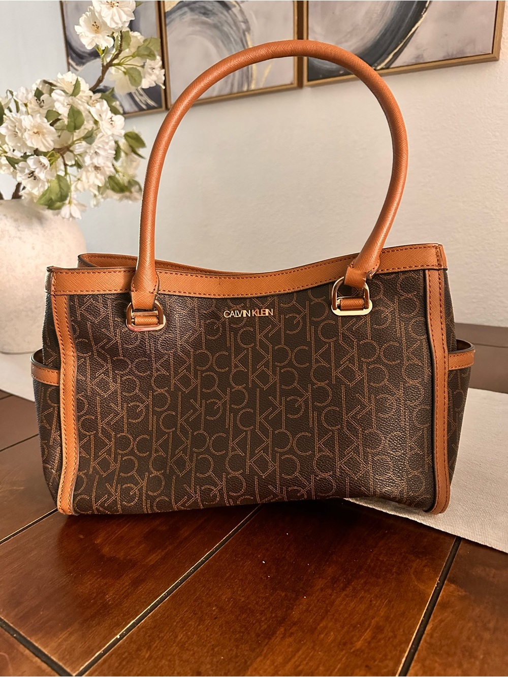 Calvin Klein Brown Logo Shoulder Tote with Tan Trim